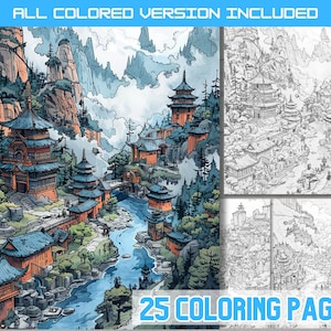 Pages à colorier de carte de la Chine ancienne, livre de coloriage de carte de la ville de la vieille Chine, feuilles de mise en page de ville japonaise traditionnelle couleur pour adultes, ville asiatique