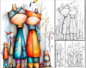 Whimsical Autumn Friends Coloring Book, Grayscale and Color (PDF Download)