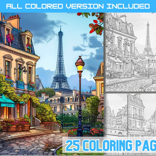 Cute Paris City coloring book, lovely Parisian venues coloring pages for adult and kids , whimsical Parisian monuments coloring sheets