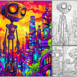 May include: A colorful illustration of a robot standing in front of a futuristic city. The robot is made of metal and has a large head with two large eyes. The city is made of tall buildings with colorful windows and doors. The illustration is done in a cartoon style.