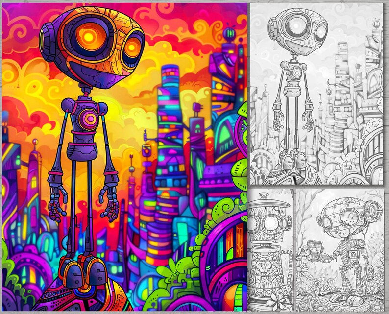 May include: A colorful illustration of a robot standing in front of a futuristic city. The robot is made of metal and has a large head with two large eyes. The city is made of tall buildings with colorful windows and doors. The illustration is done in a cartoon style.