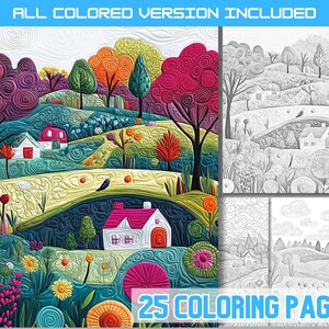 May include: A colorful illustration of a landscape with rolling hills, trees, and houses. The image includes the text "ALL COLORED VERSION INCLUDED" and "25 COLORING PAGES". The image is a vibrant mix of colors, with a detailed, textured appearance.