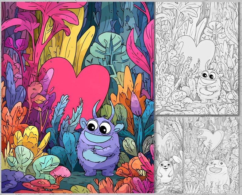 Valentine Animal Coloring Pages, Cartoon Hearts, Kids & Adults (PDF) - Etsy