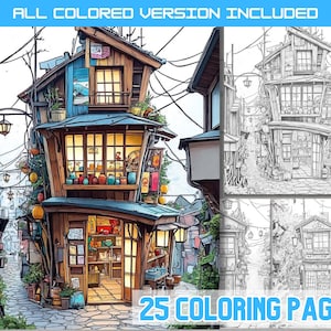 Charming Japanese Store Coloring Book, Unique Street Scene, Detailed Shopfront, traditional Japanese shop, Pages for Adults and Kids,