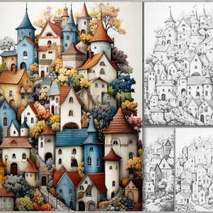 May include: A colorful illustration of a whimsical village with various buildings, including houses and towers. The buildings have red, blue, and orange roofs, with trees and foliage in autumn colors. The image also includes three black and white sketches of the same village.
