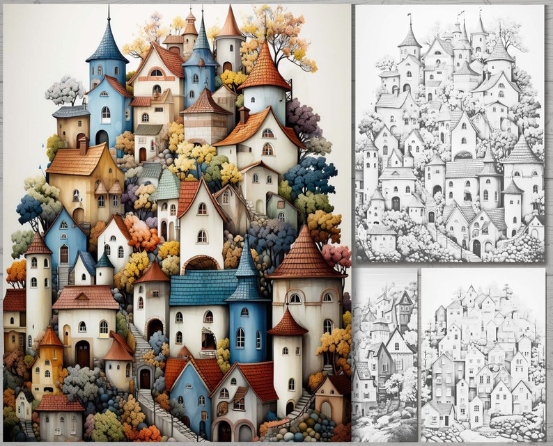May include: A colorful illustration of a whimsical village with various buildings, including houses and towers. The buildings have red, blue, and orange roofs, with trees and foliage in autumn colors. The image also includes three black and white sketches of the same village.
