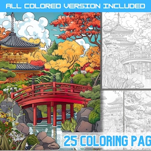 graceful Japanese gardens coloring pages, elegant Asian floral graphic coloring book, spring Zen garden art coloring sheets adult and kids