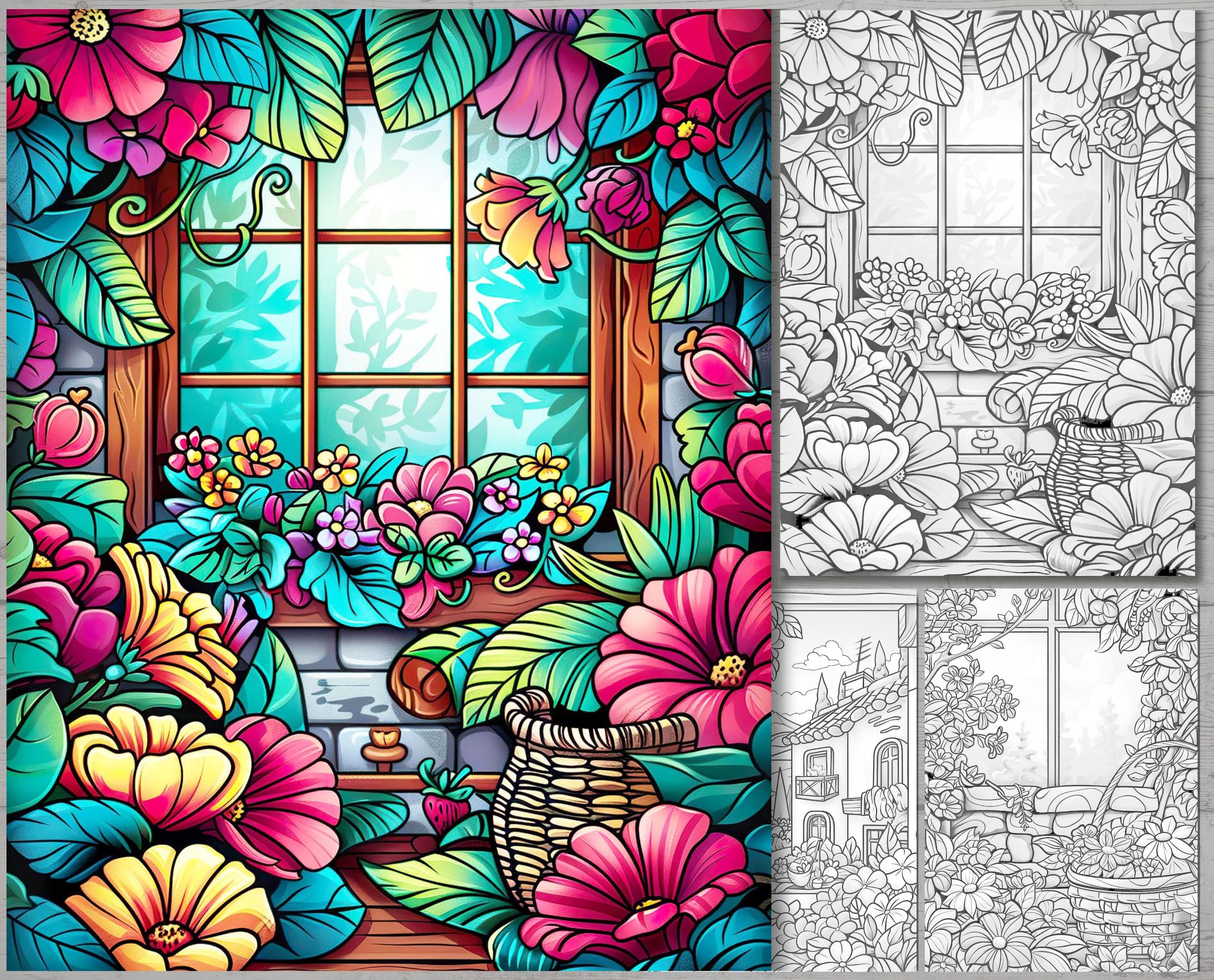 Floral Window Coloring Pages: Greyscale & Color (PDF File) - Etsy