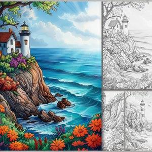 May include: A white lighthouse with a red roof sits on a rocky cliff overlooking a blue ocean with waves. The lighthouse is surrounded by colorful flowers and trees. The scene is painted in a cartoon style.