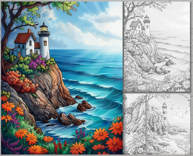 May include: A white lighthouse with a red roof sits on a rocky cliff overlooking a blue ocean with waves. The lighthouse is surrounded by colorful flowers and trees. The scene is painted in a cartoon style.