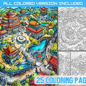 Pages à colorier de carte de la Chine ancienne, livre de coloriage de carte de la ville de la Chine ancienne, feuilles de mise en page de la ville de la Chine traditionnelle pour adultes et enfants, ville asiatique