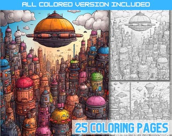 Futuristic City Coloring Book: Sci-Fi Cyberpunk Designs (Digital Download)