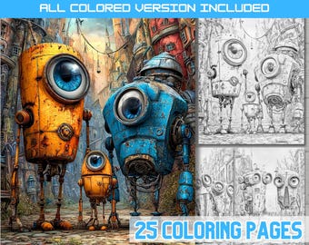 Quirky Robot Coloring Pages, Eccentric Steampunk Bot City Scenes Printable PDF