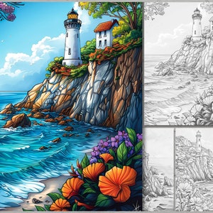 May include: A colorful illustration of a lighthouse on a rocky cliff overlooking a blue ocean with waves crashing on the shore.  Flowers in shades of purple, orange, and green are in the foreground.
