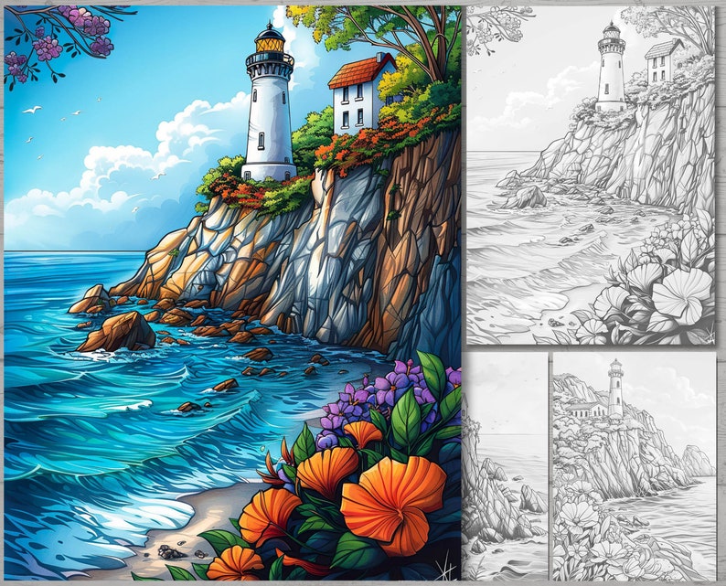 May include: A colorful illustration of a lighthouse on a rocky cliff overlooking a blue ocean with waves crashing on the shore.  Flowers in shades of purple, orange, and green are in the foreground.