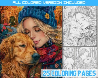 Kleurboek meisje en hond: 25 vrolijke kleurplaten (digitale download)