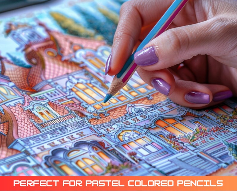 May include: A hand holding a blue and white colored pencil over a detailed coloring book page of a building with intricate details. The page is partially colored with pink, orange, and yellow.