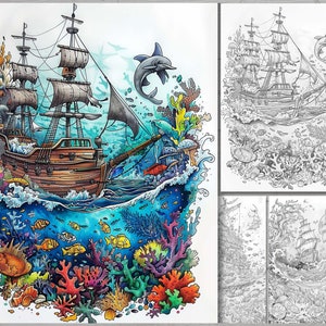 May include: A detailed illustration of a wooden ship sailing through a vibrant underwater scene. The ship has brown sails and a black hull, with coral reefs, fish, and a dolphin in the water below. The illustration is done in a colorful style with intricate details.