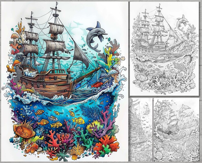 May include: A detailed illustration of a wooden ship sailing through a vibrant underwater scene. The ship has brown sails and a black hull, with coral reefs, fish, and a dolphin in the water below. The illustration is done in a colorful style with intricate details.