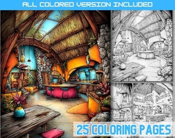 Tropical Bungalow Coloring Book Page, Exotic Island House Interior, Boho Vacation Home Art Printable