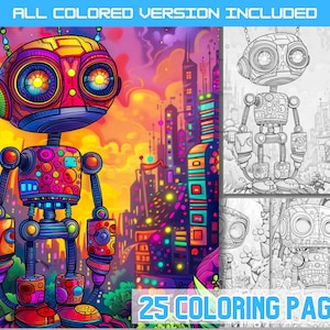 都市ロボットのぬり絵、都市ロボットのぬり絵、大人と子供向けのダウンタウンのオートマトンシート、ロボットのイラストアートワーク、