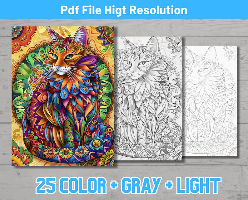 Op de afbeelding: Een kleurrijke, ingewikkelde illustratie van een kat met een mandala-achtig ontwerp. De afbeelding is beschikbaar in drie versies: kleur, grijstinten en zwart-wit. De tekst "25 COLOR + GRAY + LIGHT" staat onderaan de afbeelding.