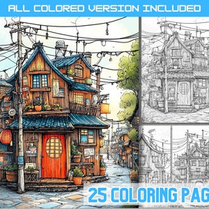 Japanese Architecture Coloring Book: Tokyo Houses, Detailed Pages (Digital Download)