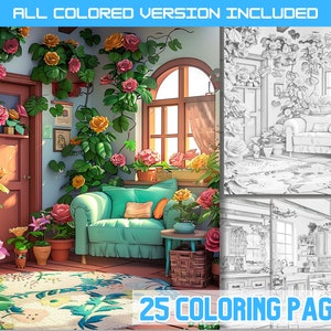 以下が含まれることがあります： 緑のソファ、カーテンのある窓、さまざまな植物や花が置かれた居心地の良いリビングルームを描いた、25ページの塗り絵セットです。大人も子供も楽しめるようにデザインされており、リラックスして創造性を発揮できるアクティビティを提供します。