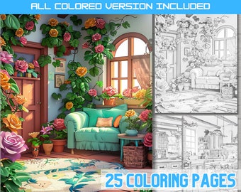 Boho Home Interior Coloring Book, Spring House Designs (PDF Download)