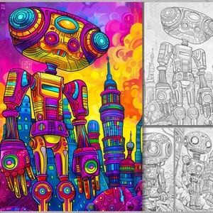 May include: A colorful, psychedelic robot stands in front of a city skyline. The robot is made of geometric shapes and has a large head with a single eye. The city buildings are tall and slender, with bright colors and intricate details.