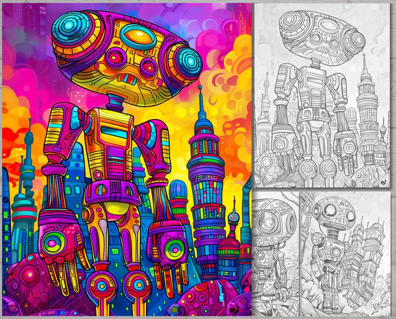 May include: A colorful, psychedelic robot stands in front of a city skyline. The robot is made of geometric shapes and has a large head with a single eye. The city buildings are tall and slender, with bright colors and intricate details.