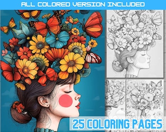 Floral Woman Coloring Page: Butterfly & Flower Crown (PDF Download)