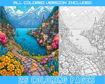 Mountain Lake Village Coloring Book, Alpine Lakeside Town,  Floral Scenery, Sailboats and Mountain