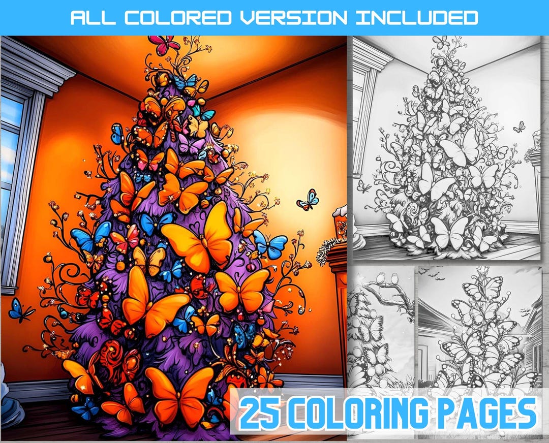 Whimsical Christmas Tree Coloring Book, Festive Butterfly Tree Coloring