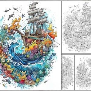 May include: A detailed illustration of a ship sailing through a wave with colorful coral reefs and sea life surrounding it. The ship has a brown hull, white sails, and a blue and white flag. The coral reefs are in shades of orange, pink, and green. The sea life includes fish, starfish, and seahorses.