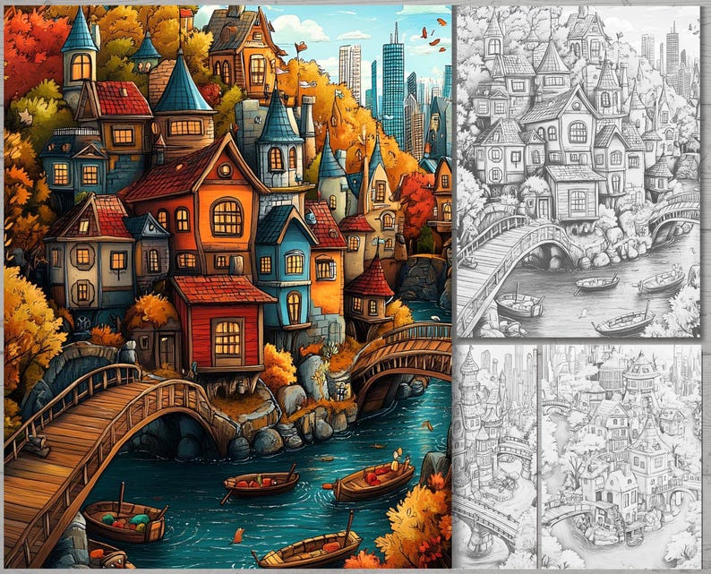 Fantasy City Coloring Book: Whimsical Urban Illustrations (digital ...