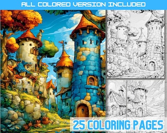 Medieval Fantasy Landscape Coloring Book, Printable Castle Village, Enchanted Forest, Cozy Cottage.
