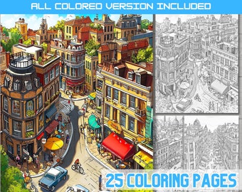 Cityscape Coloring Book: Urban Architecture Illustrations (Digital Download)