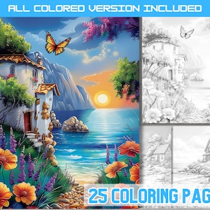 Cute house on the beach coloring book, beach spring homes coloring pages for adults and kids , residence by the sea sheets,  sea houses pdf