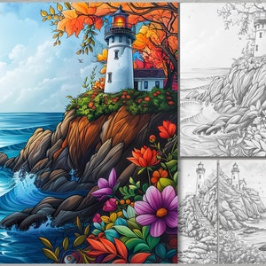 May include: A colorful painting of a lighthouse on a rocky cliff overlooking a blue ocean. The lighthouse is white with a red roof and a light on top. The cliff is covered in green foliage and colorful flowers. The ocean is blue and white with waves crashing on the shore.