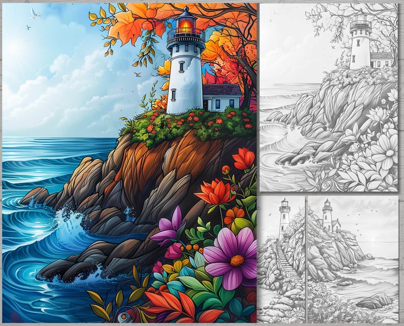 May include: A colorful painting of a lighthouse on a rocky cliff overlooking a blue ocean. The lighthouse is white with a red roof and a light on top. The cliff is covered in green foliage and colorful flowers. The ocean is blue and white with waves crashing on the shore.