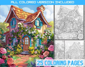 Garden House Coloring Book: Floral Cottage Art, 25 Pages (Digital Download)