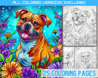 Dog Breeds Coloring Book, Adorable Dogs with Flowers (Digital Download)