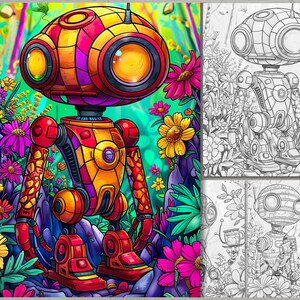 May include: A colorful, cartoon robot with a geometric design stands in a field of flowers. The robot is made of yellow, orange, red, and purple pieces. The flowers are pink, purple, and yellow.