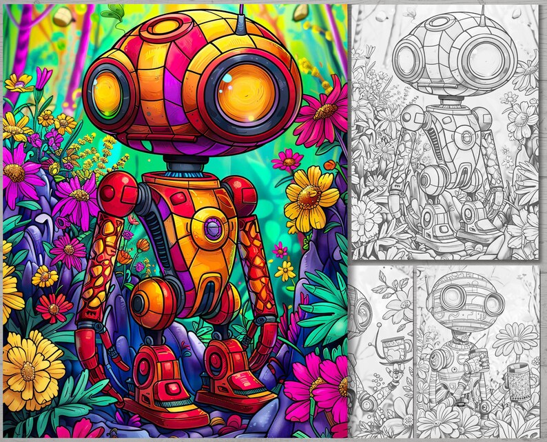 May include: A colorful, cartoon robot with a geometric design stands in a field of flowers. The robot is made of yellow, orange, red, and purple pieces. The flowers are pink, purple, and yellow.