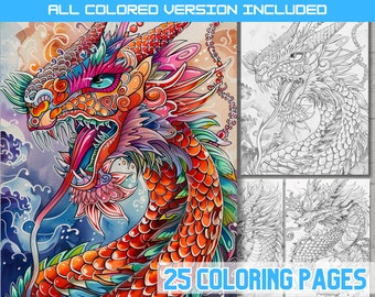 Oriental Dragon Coloring Pages: Japanese & Asian Illustrations (Digital Download)