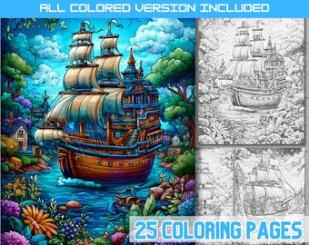 Pirate Ship Coloring Pages: Fantasy Nautical Adventure (Digital Download)
