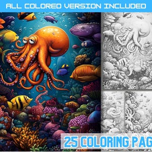 Beautiful Fish and Octopus Coloring Book, Marine Life Coloring Pages, Coral Reefs Coloring Sheets, Underwater Sea Life Coloring Book
