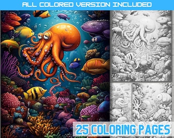 Kleurboek vissen en octopussen: zeeleven, koraalriffen (digitale download)