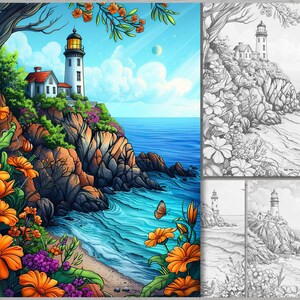 May include: A colorful illustration of a lighthouse on a rocky cliff overlooking a blue ocean. The lighthouse is white with a red roof and a black lantern. There are flowers and trees in the foreground, and a butterfly flying in the air.